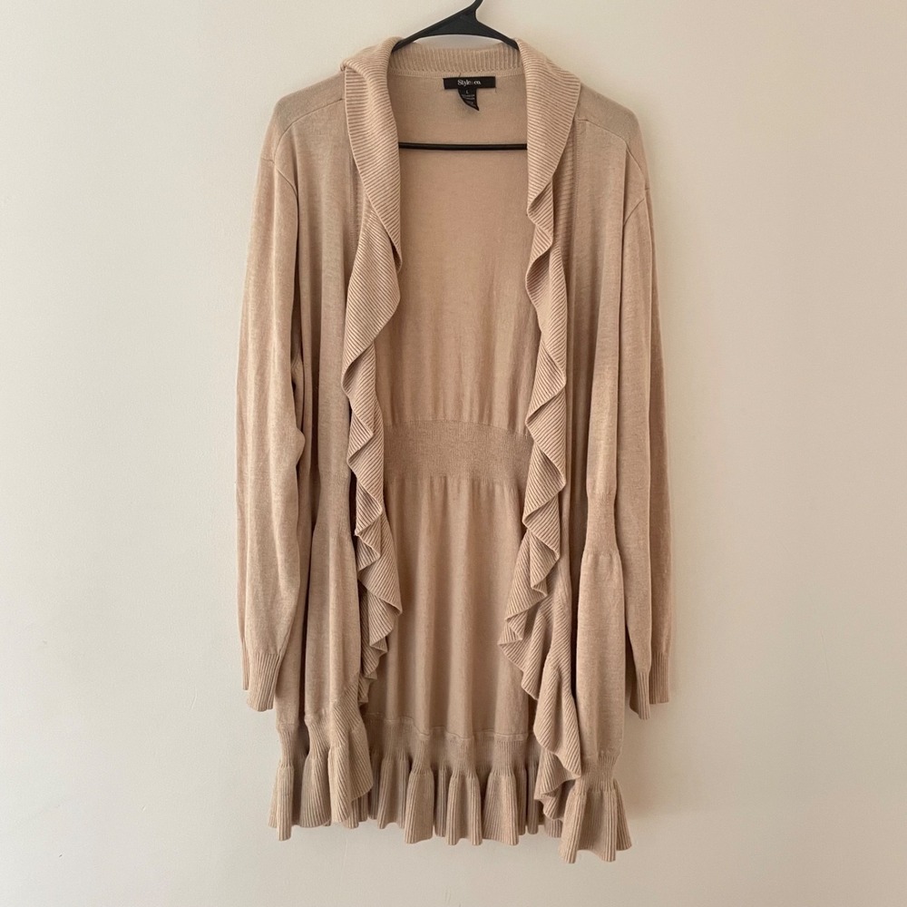 Beige Ruffle Knit Cardigan Sweater Open Front Balletcore‎ Coquette Layering L